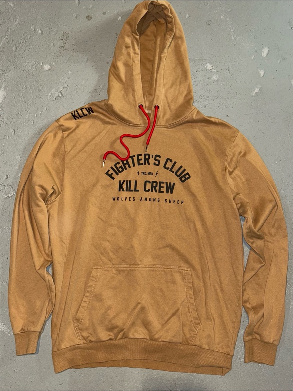 Kill Crew Camel Hoodie with Red Drawcords and Black Chest Print